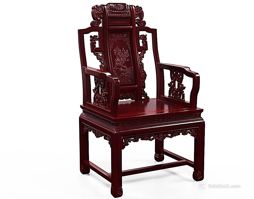 Traditional Chinese Mahogany Leisure Chair With Intricate Carvings On Backrest And Armrests 3d model 