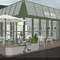 Modern Green Frame Glass House Real Estate Sales Office With Cozy Outdoor Leisure Lounge Area