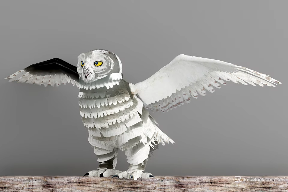 Detailed Paper Art Owl With Spread Wings Standing On Wooden Surface 3d model 