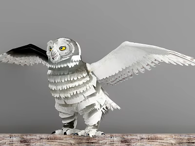 Detailed Paper Art Owl With Spread Wings Standing On Wooden Surface 3d model