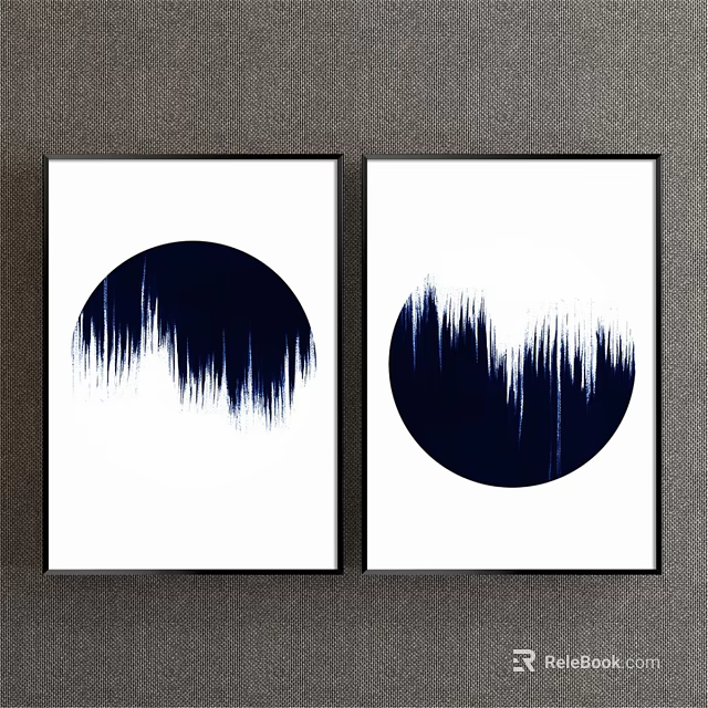 Two Abstract Wall Art Paintings With Black Circles White Background And Black Frames 3d model