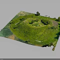 Green Grass And Plants Covered Mound With Surrounding Trees In Miniature Landscape