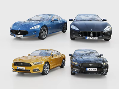 Four Stylish Sports Cars In Blue Black And Yellow Colors With Front Side Views 3d model