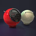 White and Red Spherical Audio Speakers With Control Knobs And Display Screens