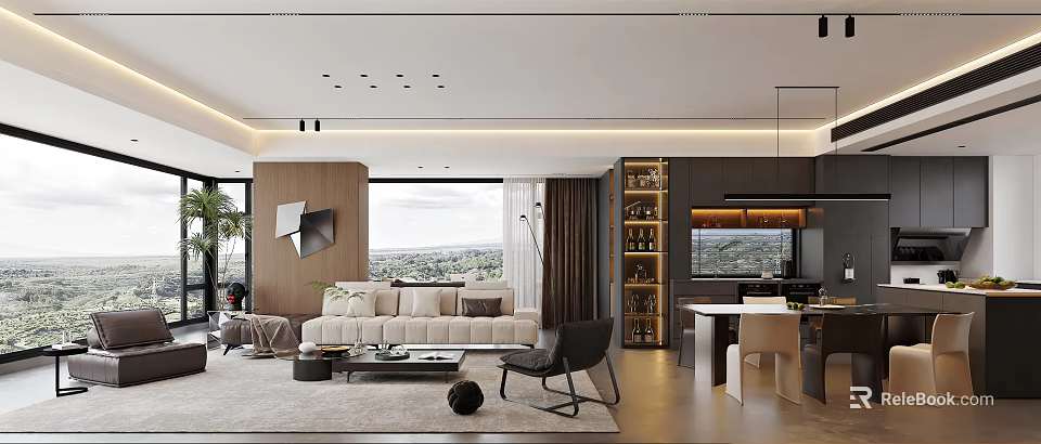 Modern Living Room With Beige Sofa Large Windows Scenic View Coffee Table And Area Rug 3d model 
