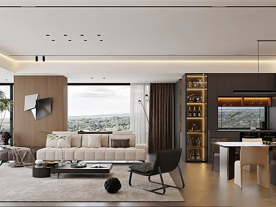 Modern Living Room With Beige Sofa Large Windows Scenic View Coffee Table And Area Rug 3d model