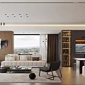 Modern Living Room With Beige Sofa Large Windows Scenic View Coffee Table And Area Rug
