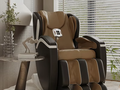 Modern Brown Black Leather Massage Chair In Comfortable Living Room With Side Table Plant 3d model