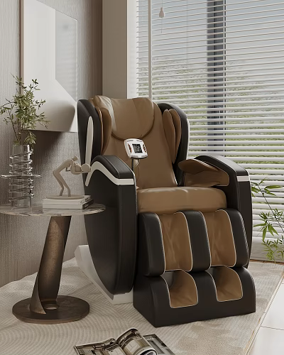 Modern Brown Black Leather Massage Chair In Comfortable Living Room With Side Table Plant 3d model