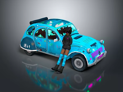 Light Blue Vintage Car With BEV Logo Decorative Patterns And Cartoon Character Standing By 3d model