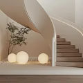 Modern White Spiral Staircase Interior With Small Tree And Illuminated Sphere Lights 3d model