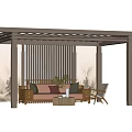 Modern Outdoor Pergola With Wooden Sofa Table Chairs And Green Plants