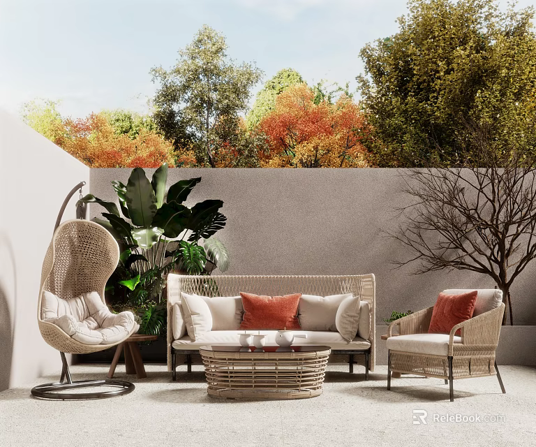 Cozy Courtyard Garden With Rattan Furniture And Greenery 3d model 