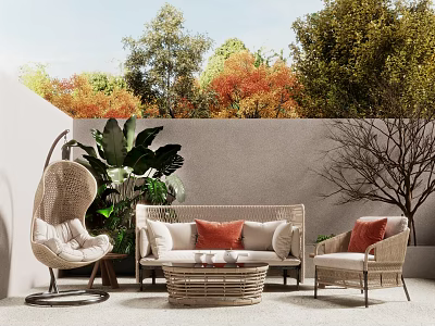 Cozy Courtyard Garden With Rattan Furniture And Greenery 3d model