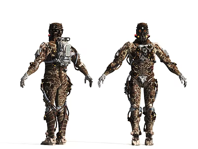 Man Wearing Detailed Mechanical Combat Armor Front And Back View 3d model