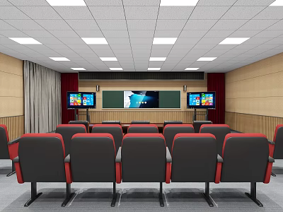 School Modern Classroom With Red Gray Chairs Blackboard TV Screens And Ceiling Lights 3d model