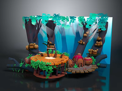 Whimsical Forest Scene With Wooden Platform Trees Leaves Crates And Mushrooms 3d model