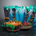 Whimsical Forest Scene With Wooden Platform Trees Leaves Crates And Mushrooms