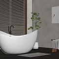 Modern Bathroom Interior With White Bathtub Window Blinds Wooden Stool And Plant