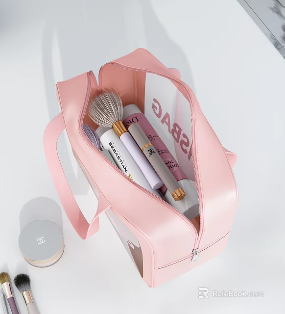 Pink Transparent Makeup Bag With Perfume Cosmetics Makeup Brushes And Lipsticks 3d model 