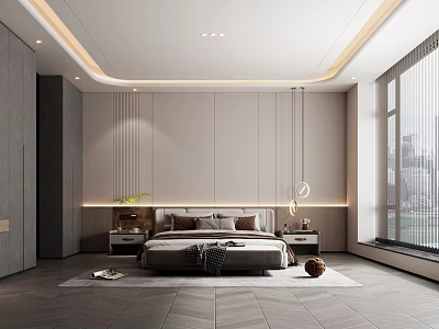 Modern Minimalist Bedroom Interior With Recessed Lighting Headboard Wall Large Windows City View Gray Flooring 3d model