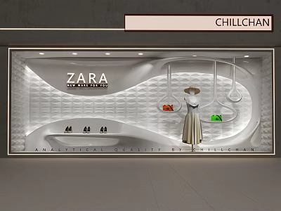 ZARA Modern Store Window Display With Hanging Dress And Decorative Lights 3d model