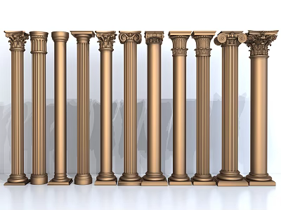 Classical Roman Columns With Ornate Capitals Various Designs And Golden Finish 3d model