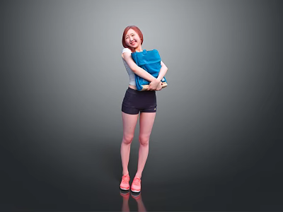Woman Smiling While Holding Blue Items Wearing Black Shorts And Pink Sneakers On Gray Background 3d model