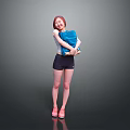 Woman Smiling While Holding Blue Items Wearing Black Shorts And Pink Sneakers On Gray Background