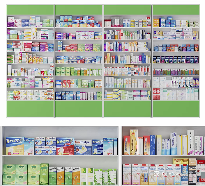 Neatly Arranged Display Shelves with Diverse Packaged Products in Retail Store 3d model 