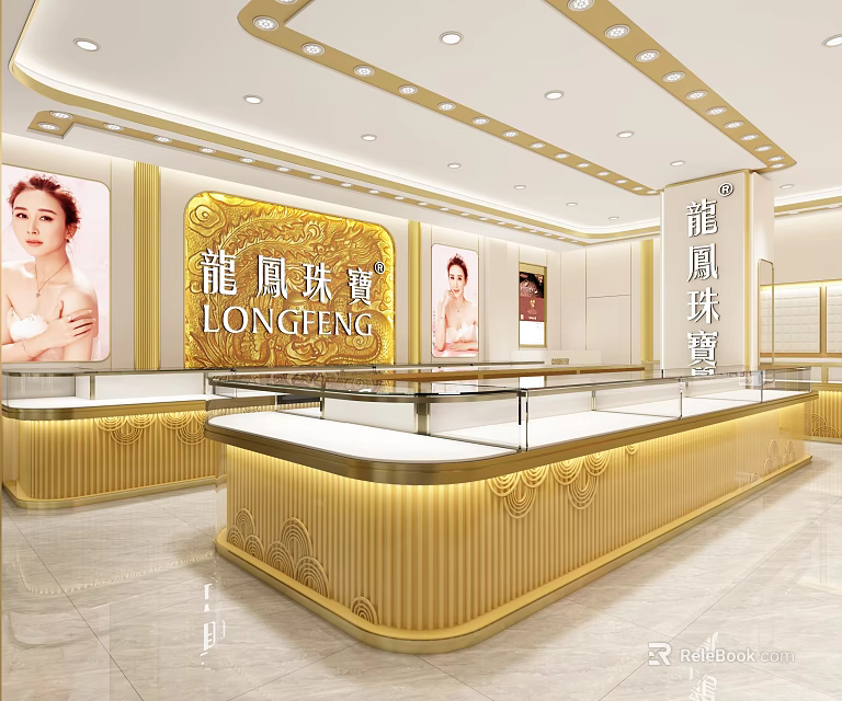 Luxurious Jewelry Store Interior With Golden Counters And Glass Display Cases 3d model 