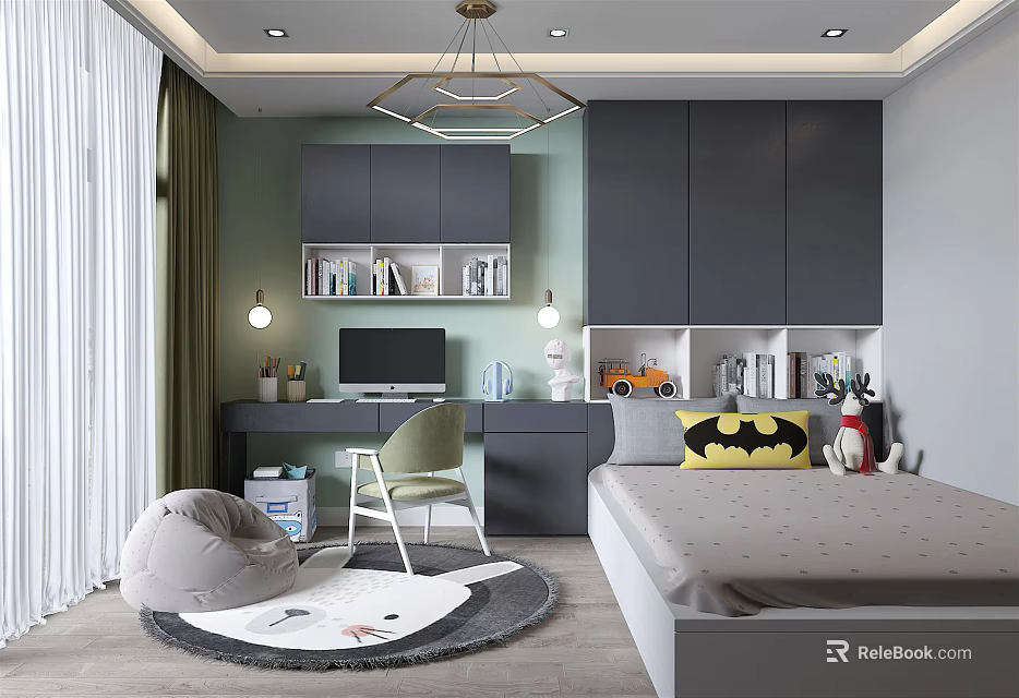 Modern Tatami Bedroom Interior Design With Tatami Bed Desk Chair Bookshelves And Storage Cabinets 3d model 