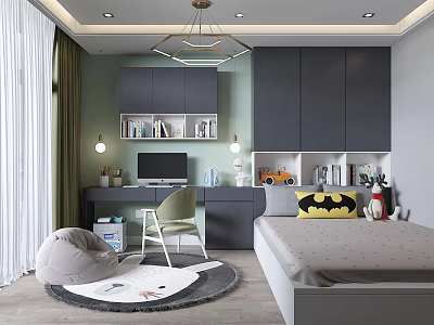 Modern Tatami Bedroom Interior Design With Tatami Bed Desk Chair Bookshelves And Storage Cabinets 3d model