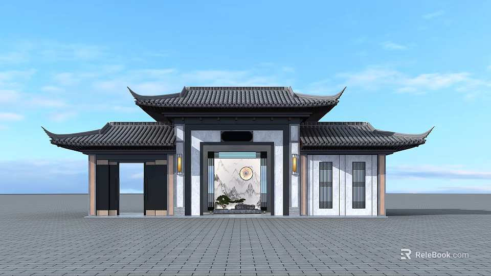 Traditional Chinese Entrance Gate with Sloped Black Tile Roof Circular Decorative Panel and Symmetric Doorways 3d model 