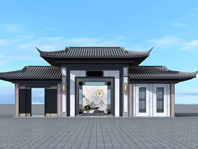 Traditional Chinese Entrance Gate with Sloped Black Tile Roof Circular Decorative Panel and Symmetric Doorways 3d model