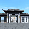 Traditional Chinese Entrance Gate with Sloped Black Tile Roof Circular Decorative Panel and Symmetric Doorways
