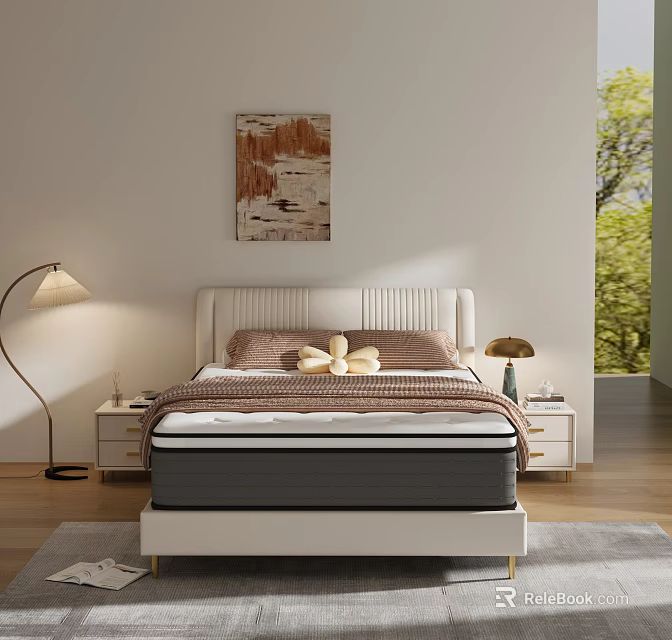 Modern Double Bed With White Headboard Gray Mattress Nightstands Floor Lamp And Tree View 3d model 