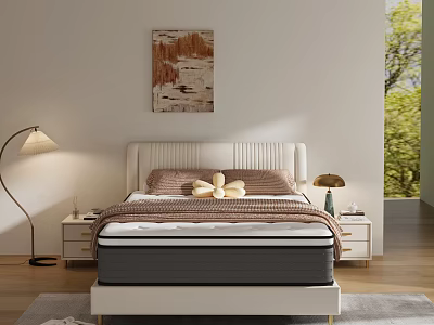 Modern Double Bed With White Headboard Gray Mattress Nightstands Floor Lamp And Tree View 3d model