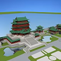 Ancient Architecture Cluster With Gray Tiled Roofs Multiple Courtyards And Green Lawns Layout 3d model