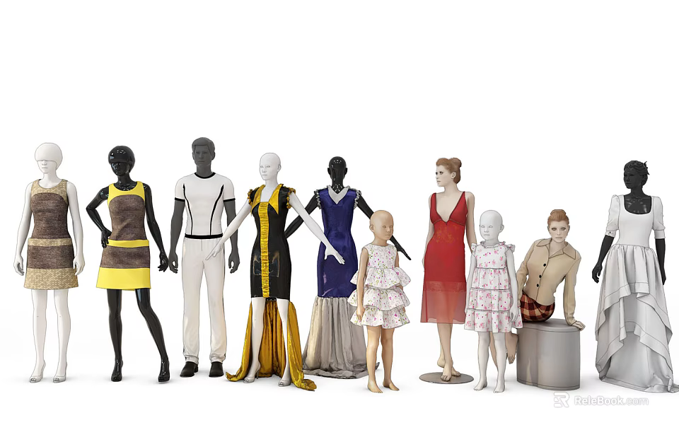 Fashion Mannequins Showcasing Diverse Clothing Outfits For Adults And Kids 3d model 