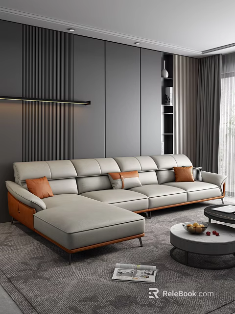 Modern Minimalist Beige Sectional Sofa With Orange Gray Pillows And Round Coffee Table 3d model 