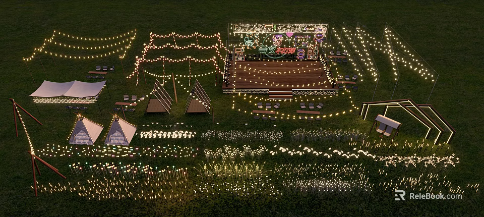 Outdoor Decorative String Lights Create Bright Festive Ambiance For Lawn Event Venue With Conical Structures 3d model 