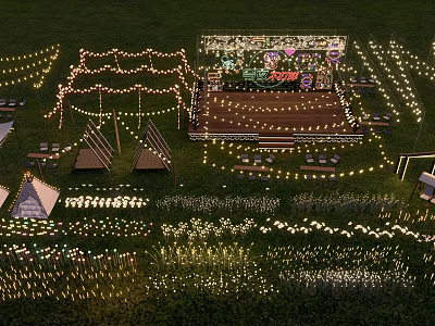 Outdoor Decorative String Lights Create Bright Festive Ambiance For Lawn Event Venue With Conical Structures 3d model