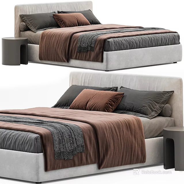 Modern Double Bed With Brown Blanket Gray Pillows And Wooden Nightstand 3d model 
