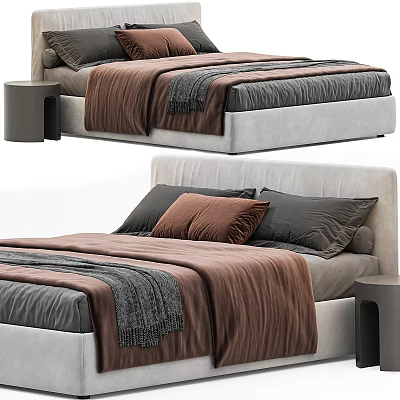 Modern Double Bed With Brown Blanket Gray Pillows And Wooden Nightstand 3d model