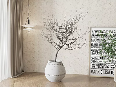 Bonsai Plant In White Pot With Leafless Branches Decorative Poster Light Wall And Wooden Floor 3d model
