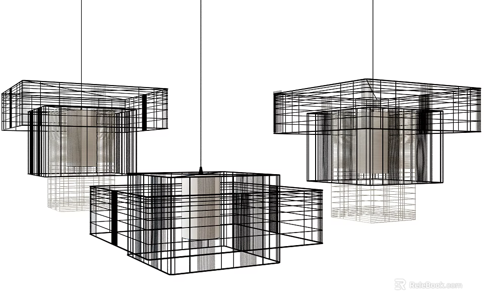 Three Modern Geometric Pendant Lights with Metal Frame Sleek Lines and Layered Structure 3d model 