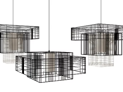 Three Modern Geometric Pendant Lights with Metal Frame Sleek Lines and Layered Structure 3d model
