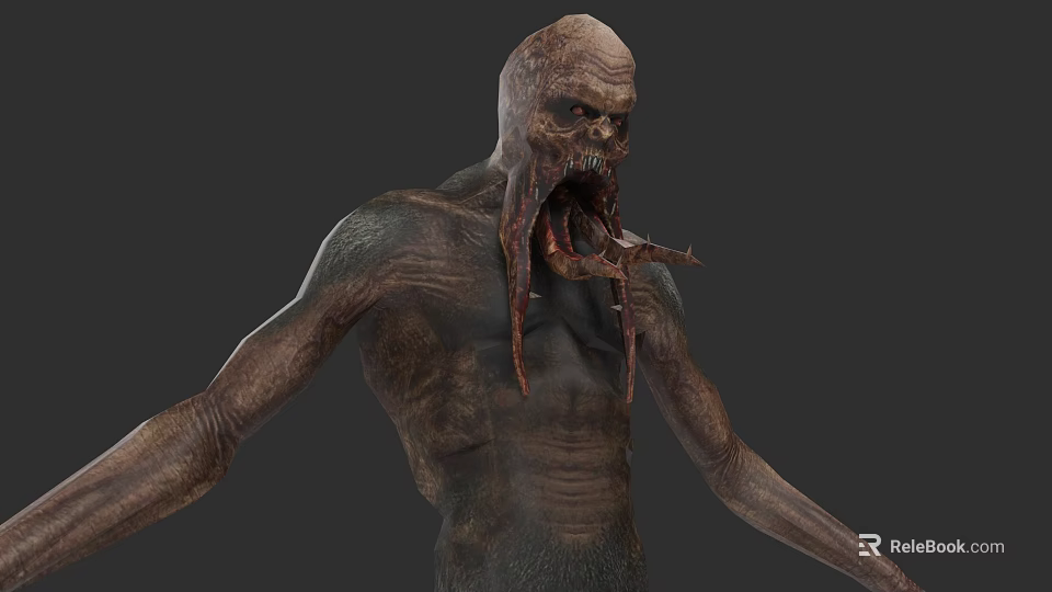 Grotesque Monster Character With Emaciated Body Distorted Face And Tentacle Tongue 3d model 