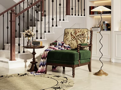 Single Sofa With Green Cushion Floral Backrest Wooden Frame And Colorful Blanket By Side Table 3d model